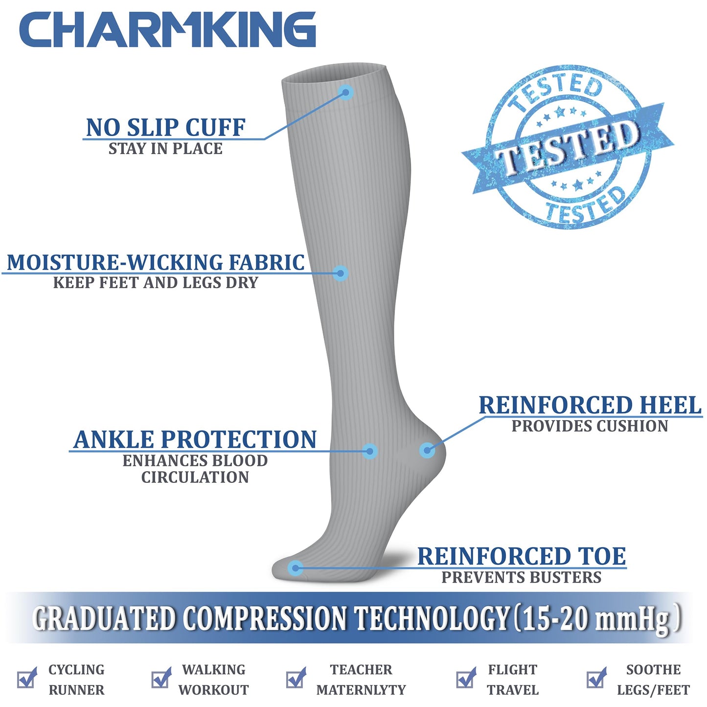 CHARMKING Compression Socks for Women & Men (8 Pairs) 15-20 mmHg Graduated Copper Support Calf Socks are Best for Pregnant, Nurses - Boost Performance, Circulation, Knee High Wide Calf(L/XL, Multi 50)