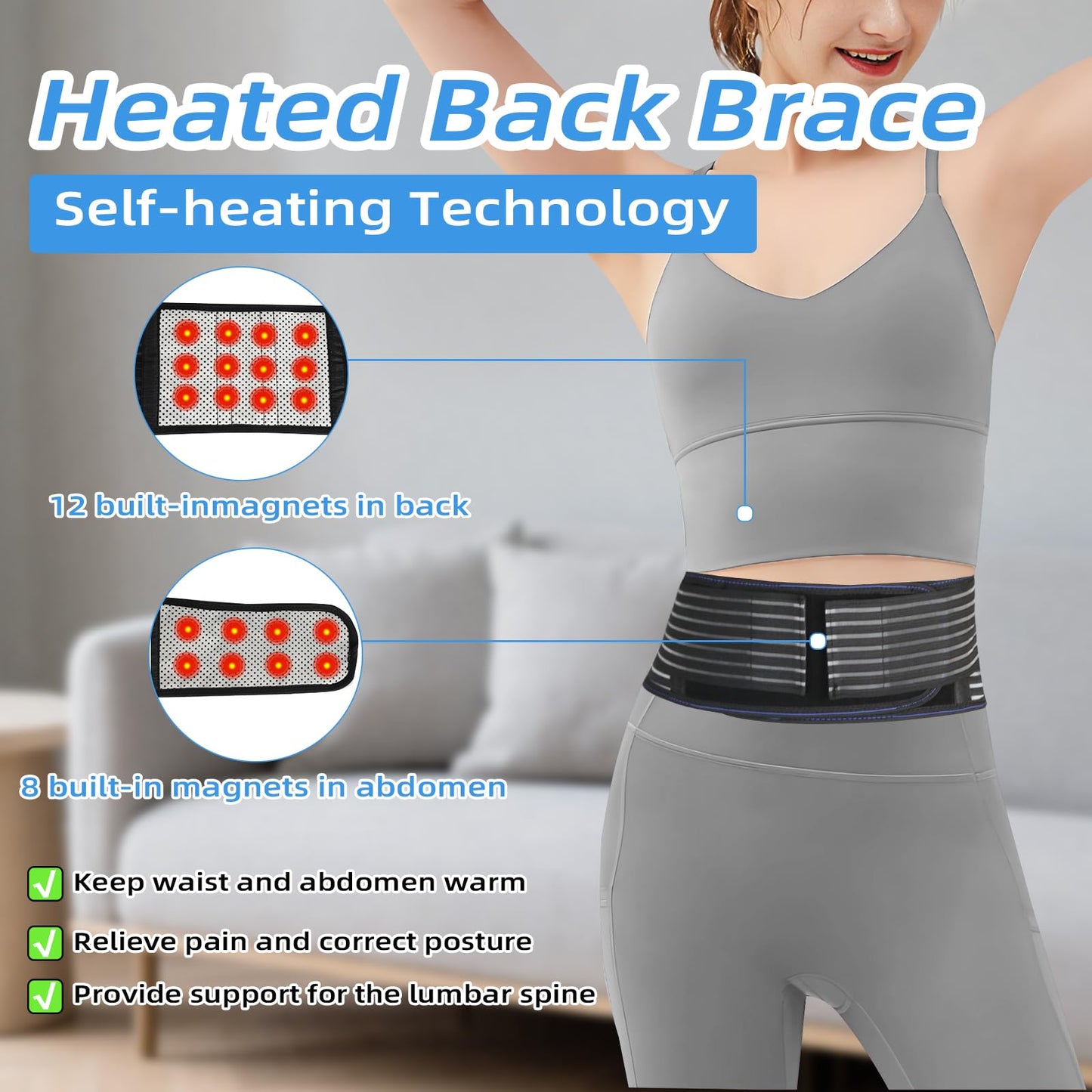 Back Brace for Lower Back Pain Relief, Lumbar Support Belt for Work for Men&Women with Magnet, 4 Reinforced Stays, Self Heating Adjustable Back Support for Sciatica, Herniated Disc, Scoliosis (Large)