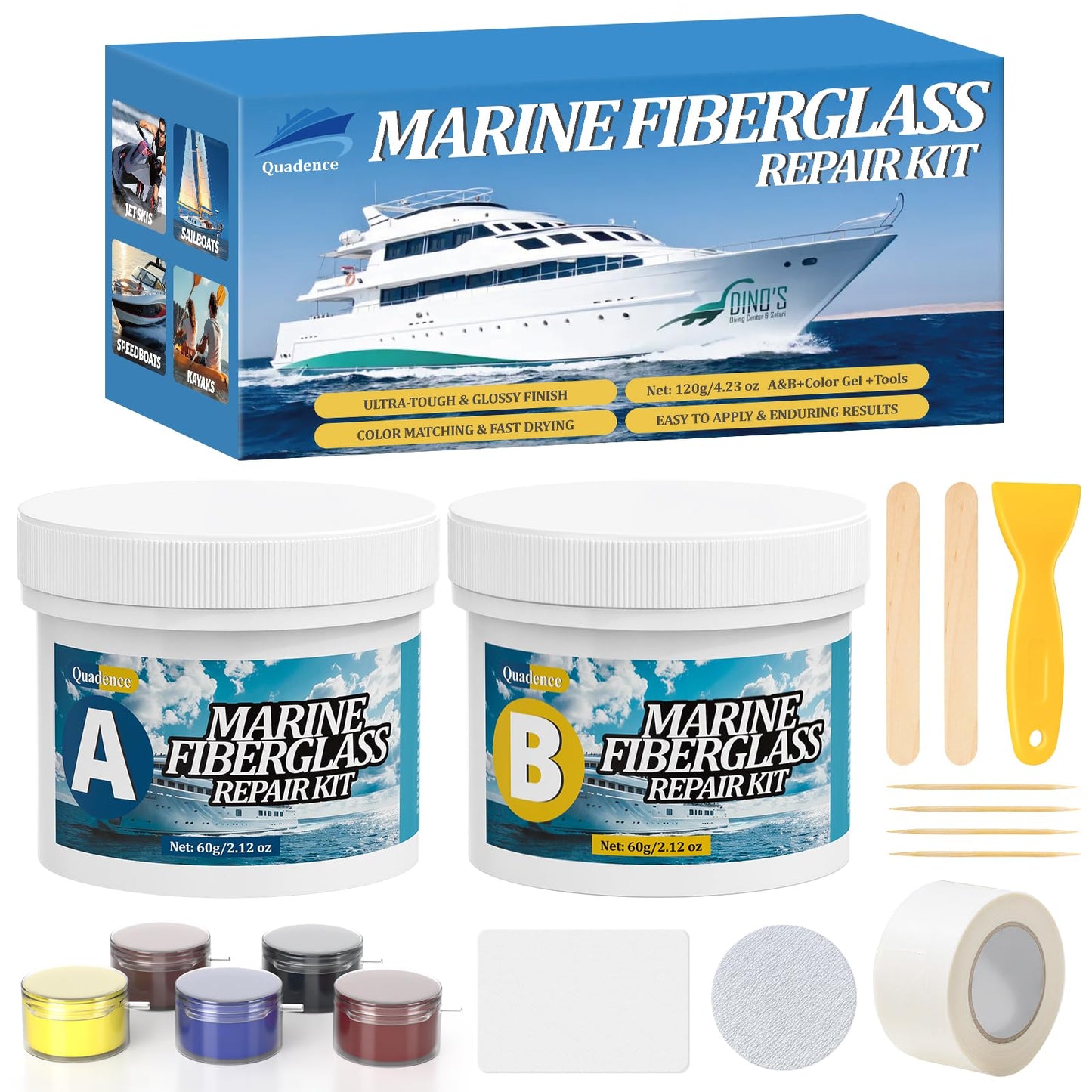 Quadence Fiberglass Boat Repair Kit, Marine Fiberglass Repair Kit for Boats, Gel Coat Repair Kit for Boats, Waterproof Epoxy Filler for Fiberglass Boats Fix Holes Chips Pit Cracks (Color Match)