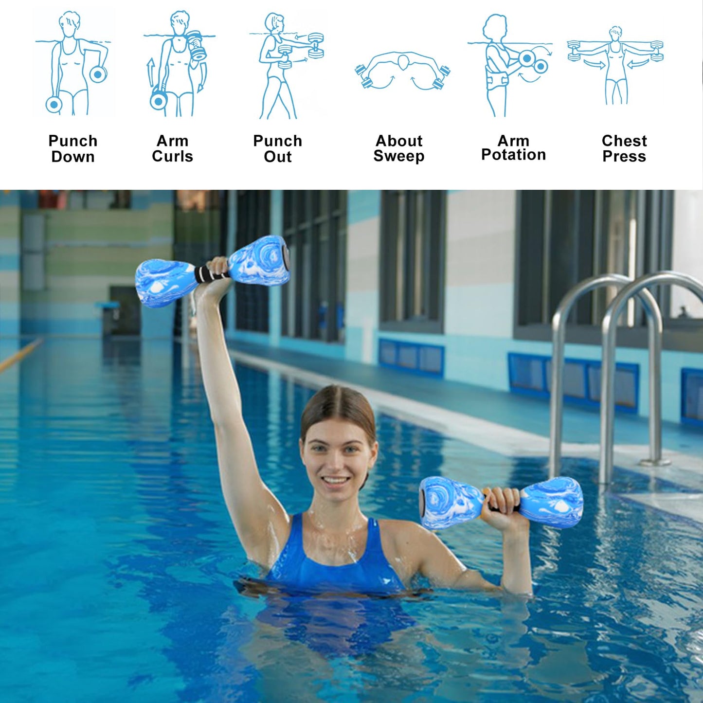 2PACK Aquatic Exercise Dumbbells, EVA Foam Barbells, Water Weights for Pool Exercise, Water Dumbbells for Men Women Water Workouts, Swimming Training (Blue+White)