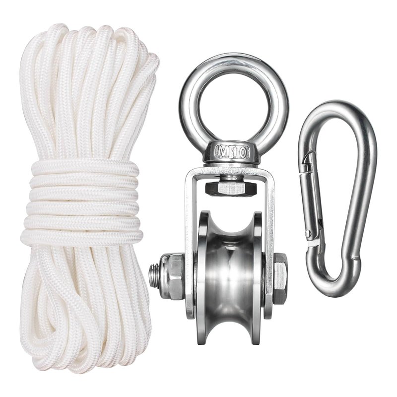 KCNOFNC Heavy Duty Cable Single Pulley Block Wheel, with Ball Bearings for Wire Rope, with 32ft(10m) 0.31in(8mm) Nylon Rope and Clip, DIY Pulley System for Gym Equipment Workout, Winch, Lifting, 1Pack