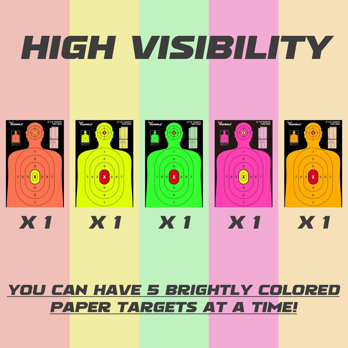Highwild 23X35 Inch Shooting Range Silhouette Paper Target - 5 Fluorescent Colors - Suitable for Handguns, Rifles, Airguns, BB Guns (5 Pack - Multi Color)