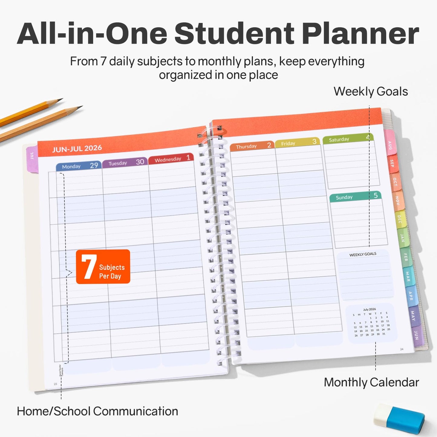 Student Planner 2026-2027, SUNEE Academic Weekly & Monthly Plan Book, Jul. 2026 - Jun. 2027, 6.5"×8.3" Middle & High School Planner, Lesson Plan Book with Week's Goals, Bookmark, Monthly Tabs, Black