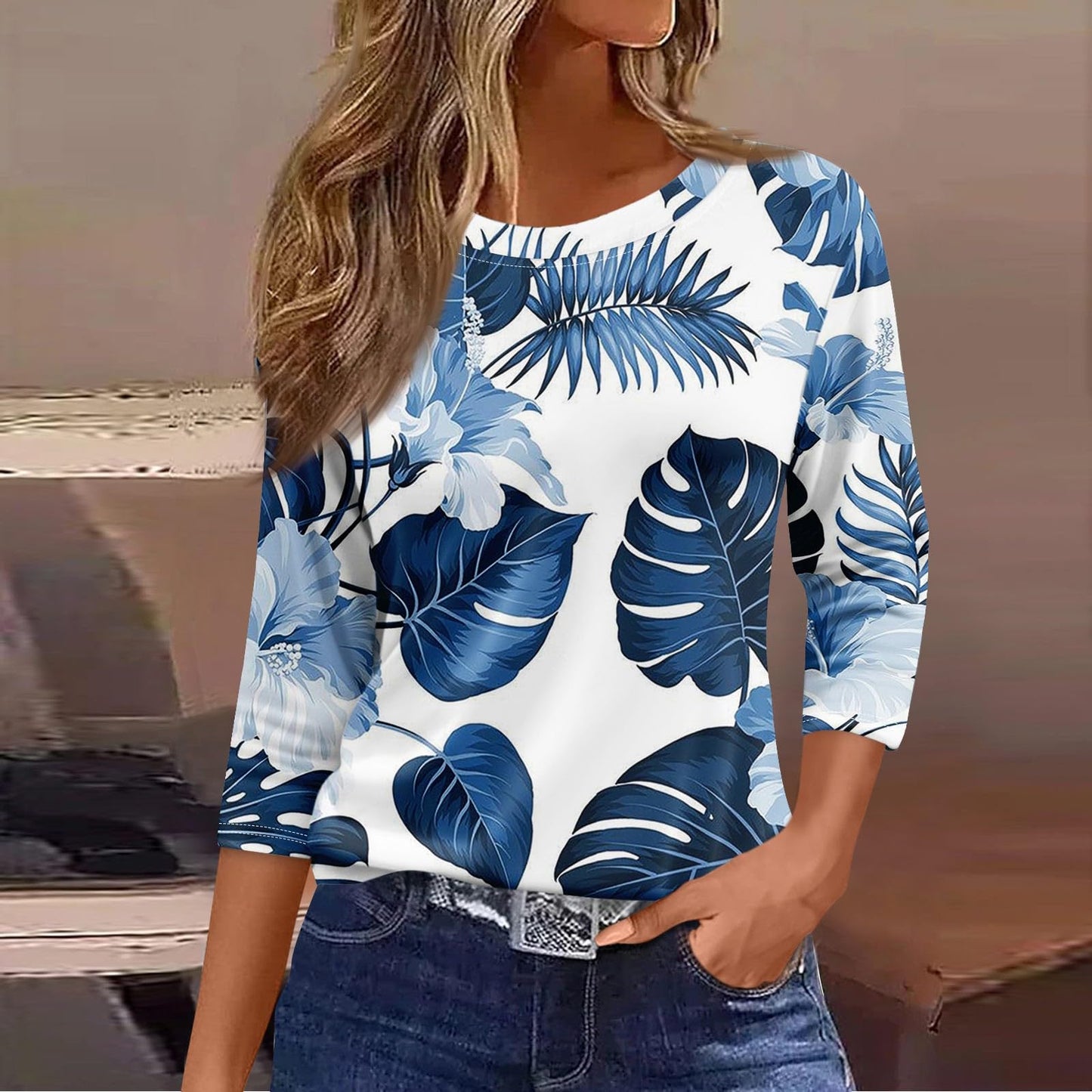 Generic Summer Tops for Women 2024 3/4 Length Sleeve Casual Cosy T-Shirts Round Neck Three Quarter Sleeve Print Trendy Cute Blouse, Large, 01-blue