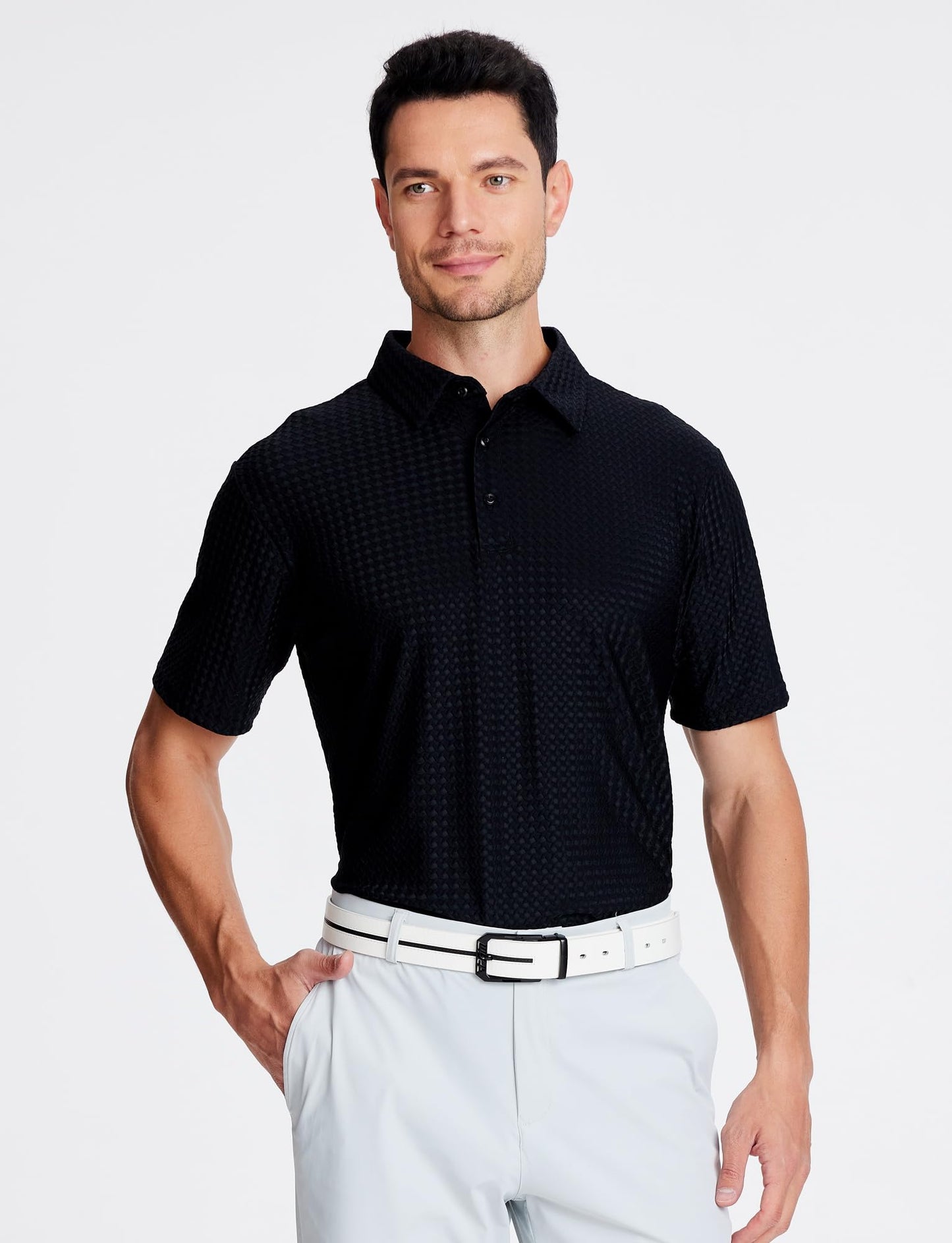 Alex Vando Mens Bubble Jacquard Polo Shirt Super Stretch Short Sleeve Polo Shirts for Men,Black,XL