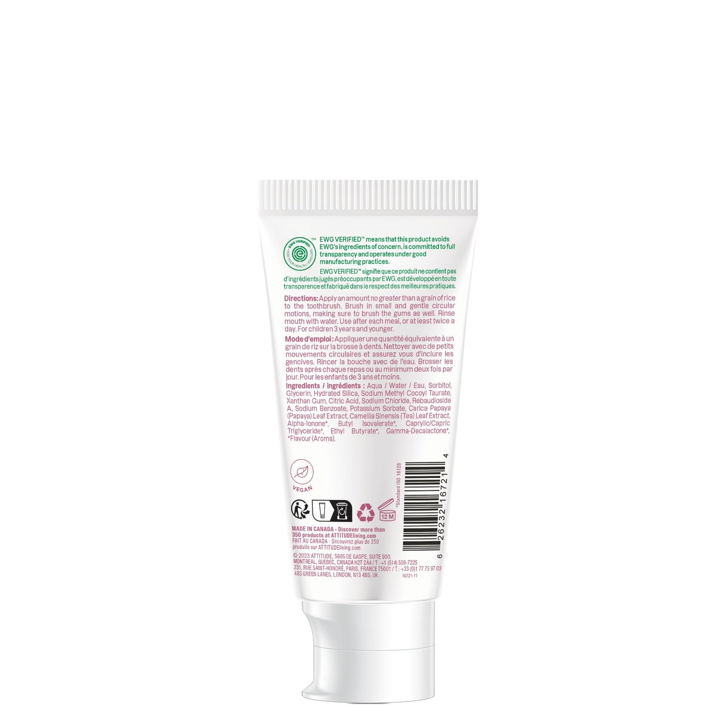 Attitude Baby and Child Fluoride-Free Training Toothpaste, Naturally Derived Ingredients, Vegan, EWG Verified, Strawberry, 2.6 Oz