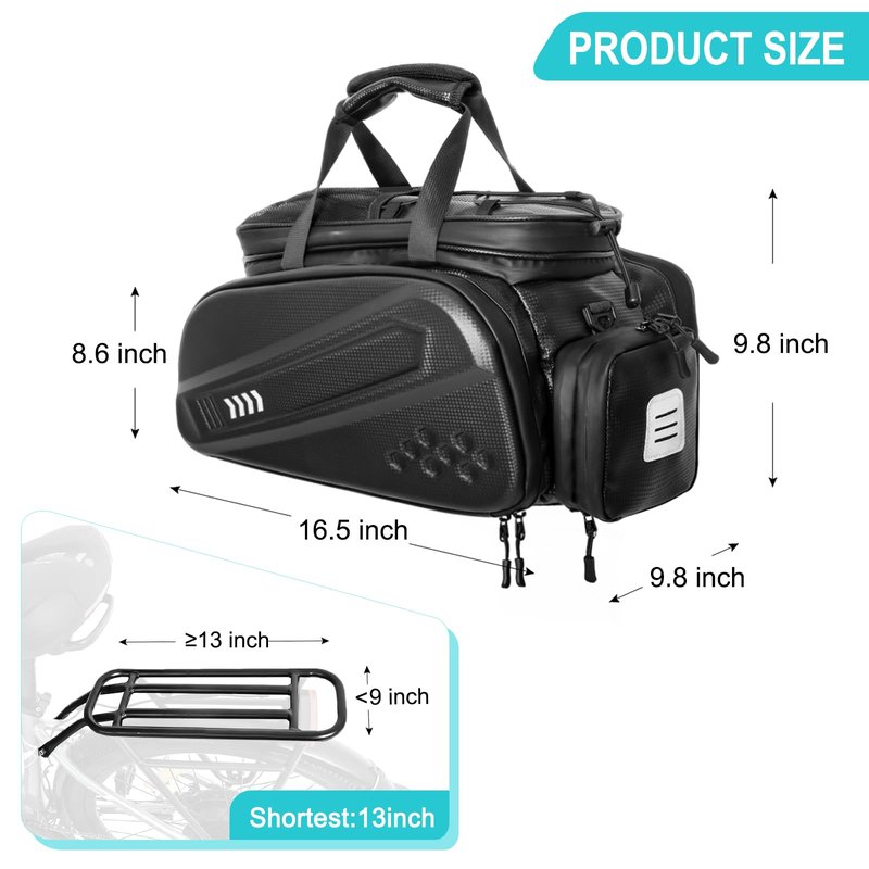 Axiniu 40L Capacity Rear Bike Rack Bag, Hard Shell Bike Rack Bag, Bikes Trunk Bags, Ebike Battery Bags, Multifunction Large Pannier for Bicycle, Bicycle Backpack for Ebike, Travel, Commuting,Black
