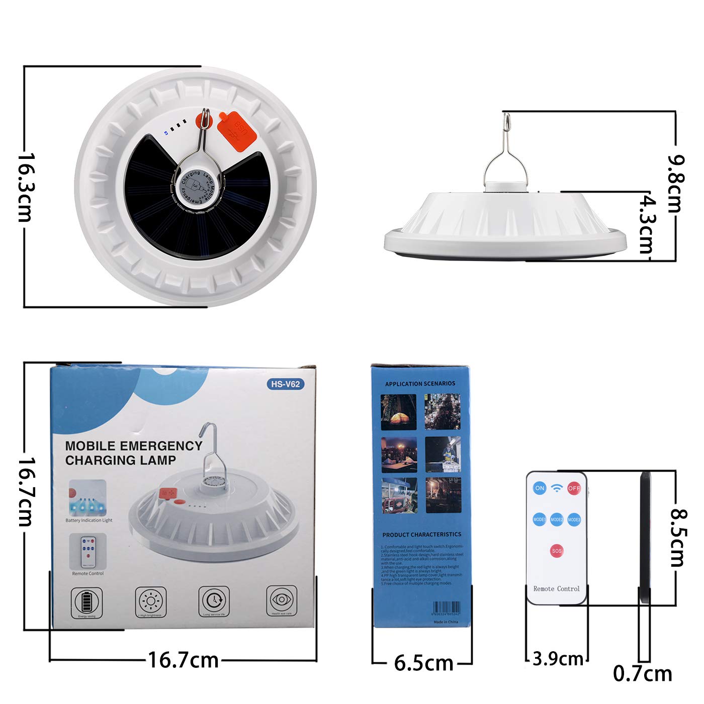 USB Solar Camping Light with Remote Control - Hanging IPX4 Waterproof Tent Light Outdoor Lamp for Camping, Hiking, Outage, Hurricane, Cellphone Emergency Charging (120 Piece LED)