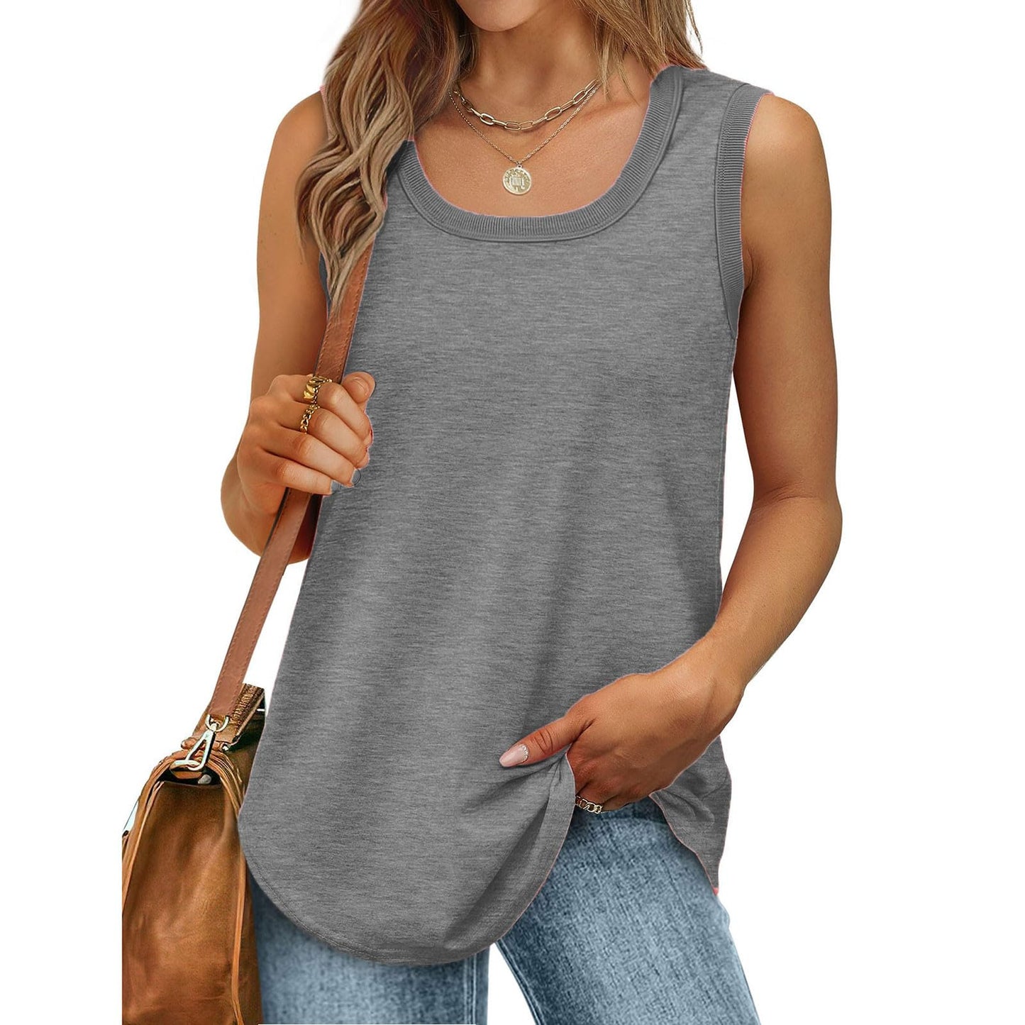 Borniu Womens Tank Tops Summer Loose Sleeveless Tops Scoop Neck Curved Hem Casual Flowy Shirt 2024 Outfits Clothes Gray