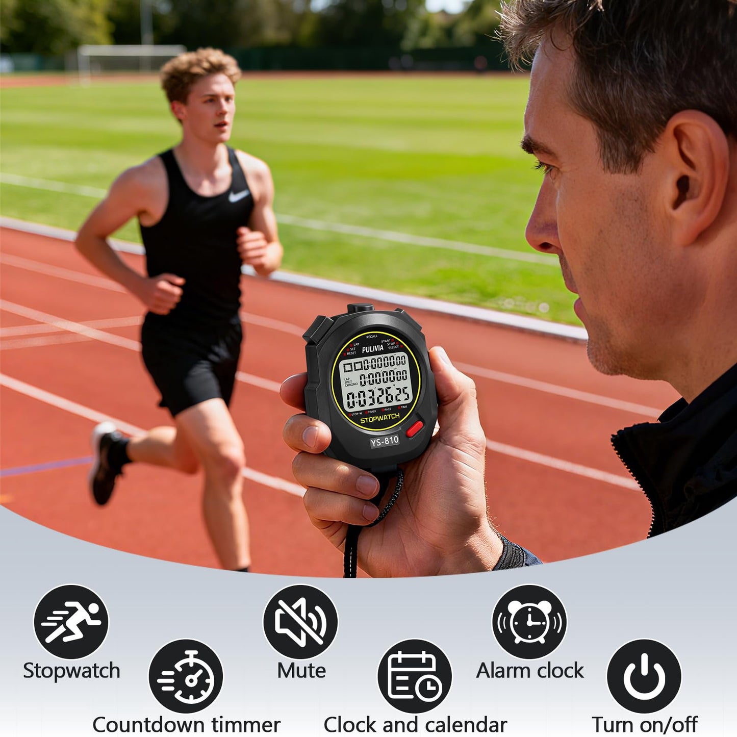 PULIVIA Stopwatch Timer 10 Splits/Laps Digital Stop Watch for Sports, Countdown Alarm Clock Date Memory Recall Large Display, Stopwatch for Coaches PE-Teacher Referee (Black, 10 Splits/laps)