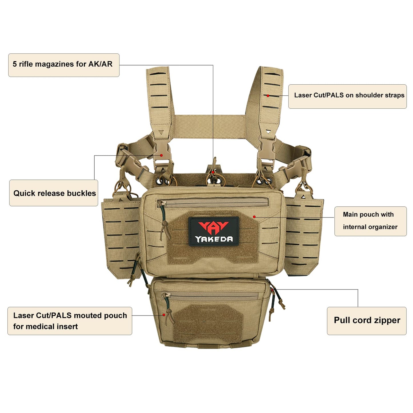 YAKEDA Tactical Chest Mini Rig Vest with Magazine Pouch Adjustable Detachable Laser-cutting Molle Modular Chest Vest (Light black)