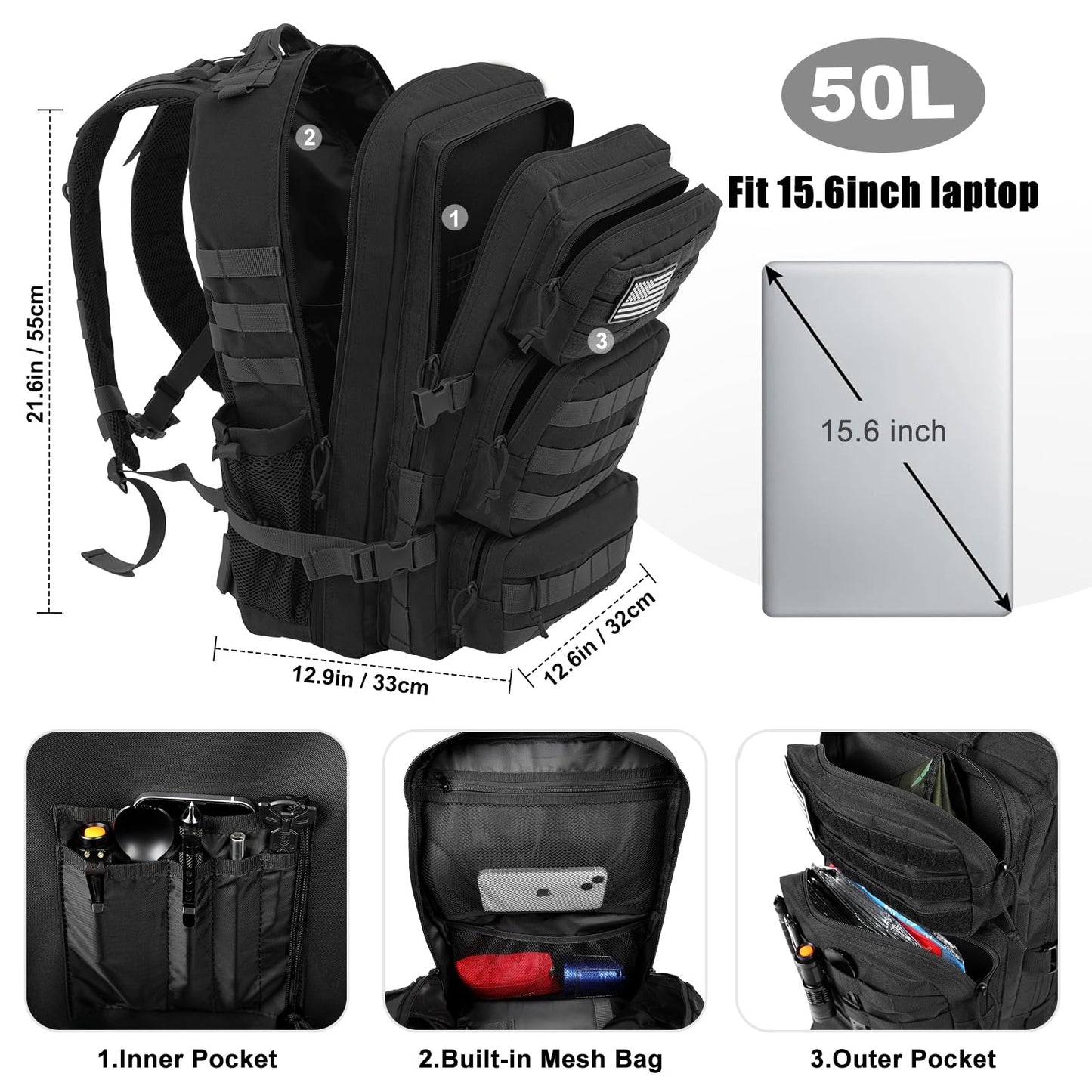 kookoomia 50L Military Tactical Backpack Large Day Backpack for Men Molle Army 3 Days Assault Pack Bug Out Bag Water Resistant and Heavy Duty Hiking Treeking Rucksack - Black