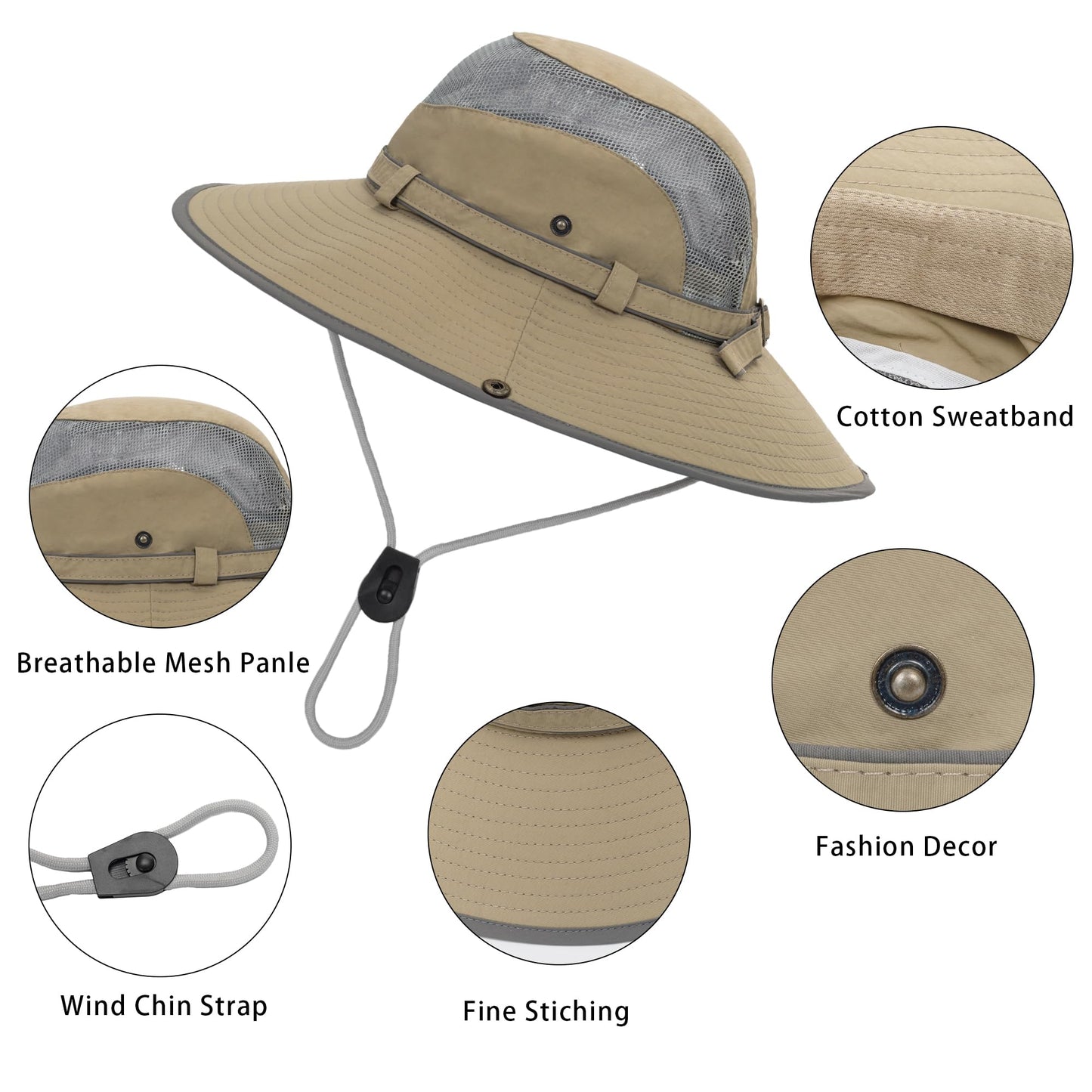 Breathable Outdoor Fishing-Hat Foldable Sun-Hats for Men - Unisex UV-Protection Packable Summer Bucket Hat Gardening Safari Khaki