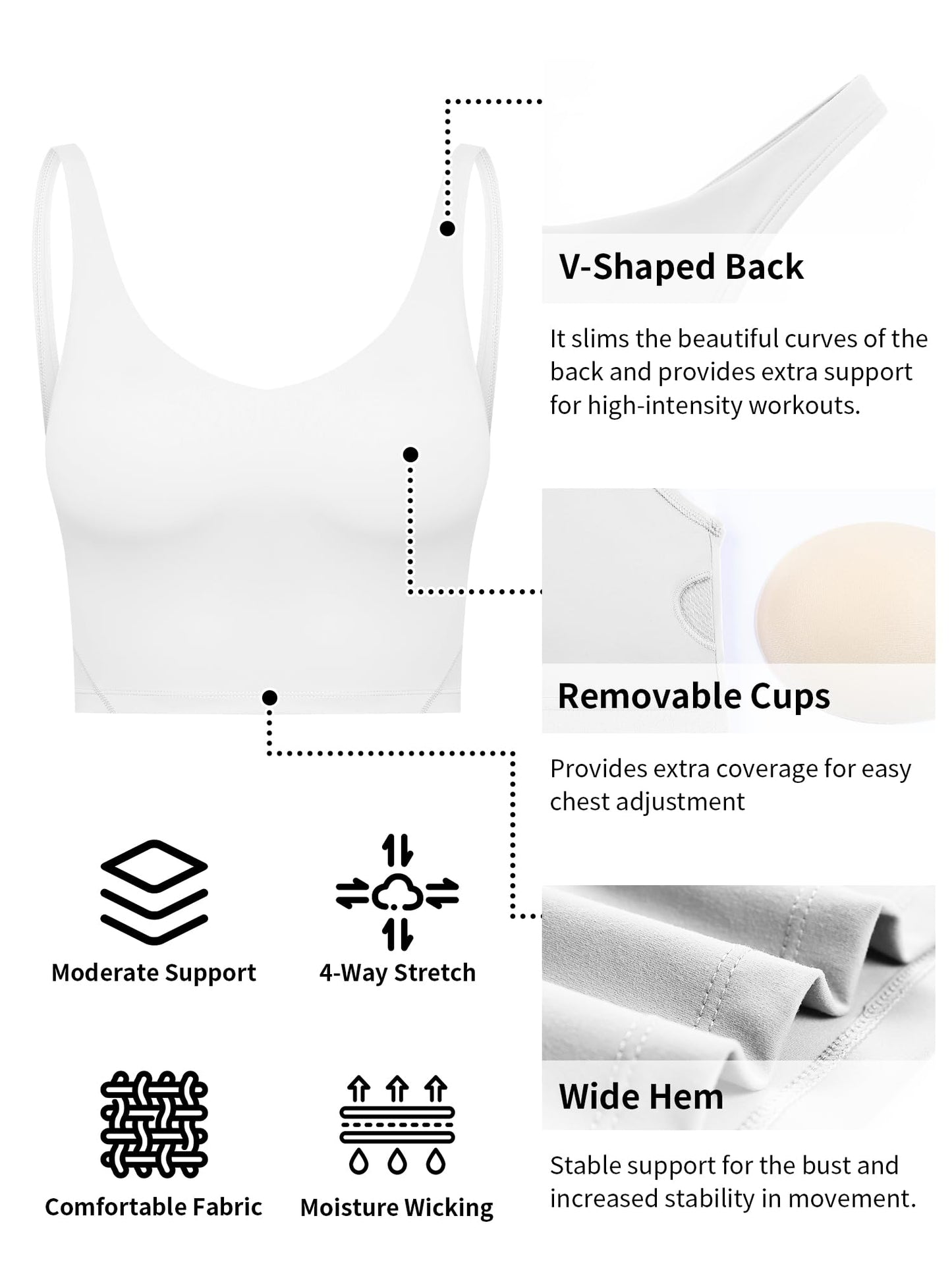 Meides Longline Sports Bra for Women-Wirefree Padded Workout Yoga Gym Running Bras Tank Tops Medium Support White