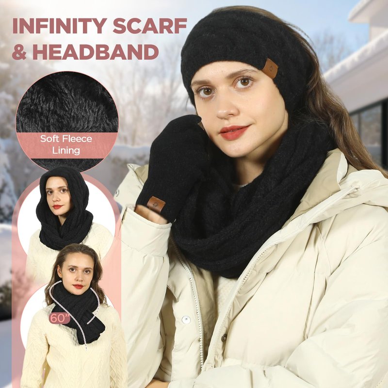 Womens Beanie Hat Infinity Scarf Touchscreen Gloves Fleece Headband 4 in 1 Winter Clothes Set Gifts for Women Black