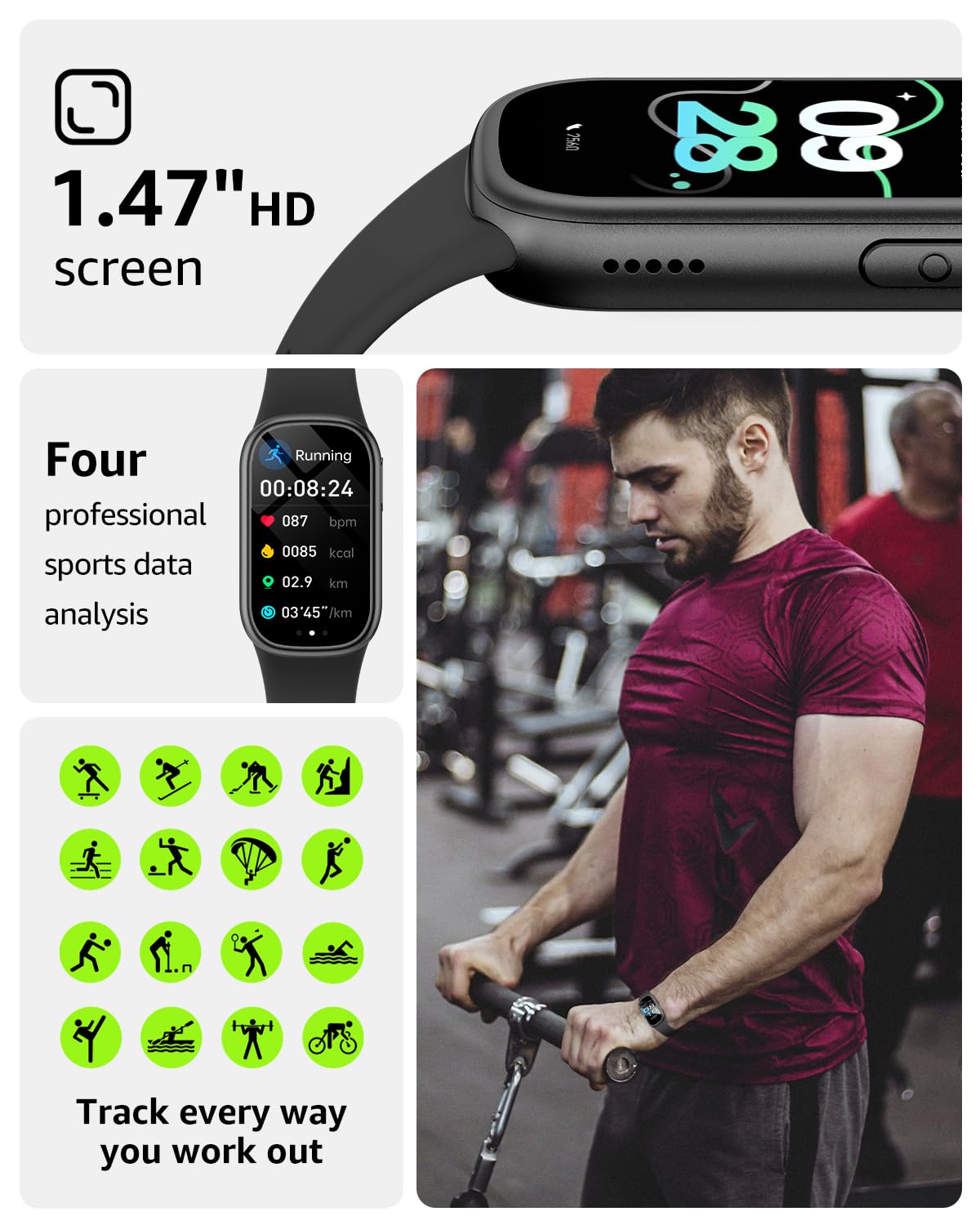 Asmoda Fitness Tracker (Answer/Dial Call), Smart Watch with 1.47" HD Touch Display, 130+ Sport Modes Activity Tracker with Sleep Monitor, IP68 Waterproof Tracker for Android&iPhone Women Men