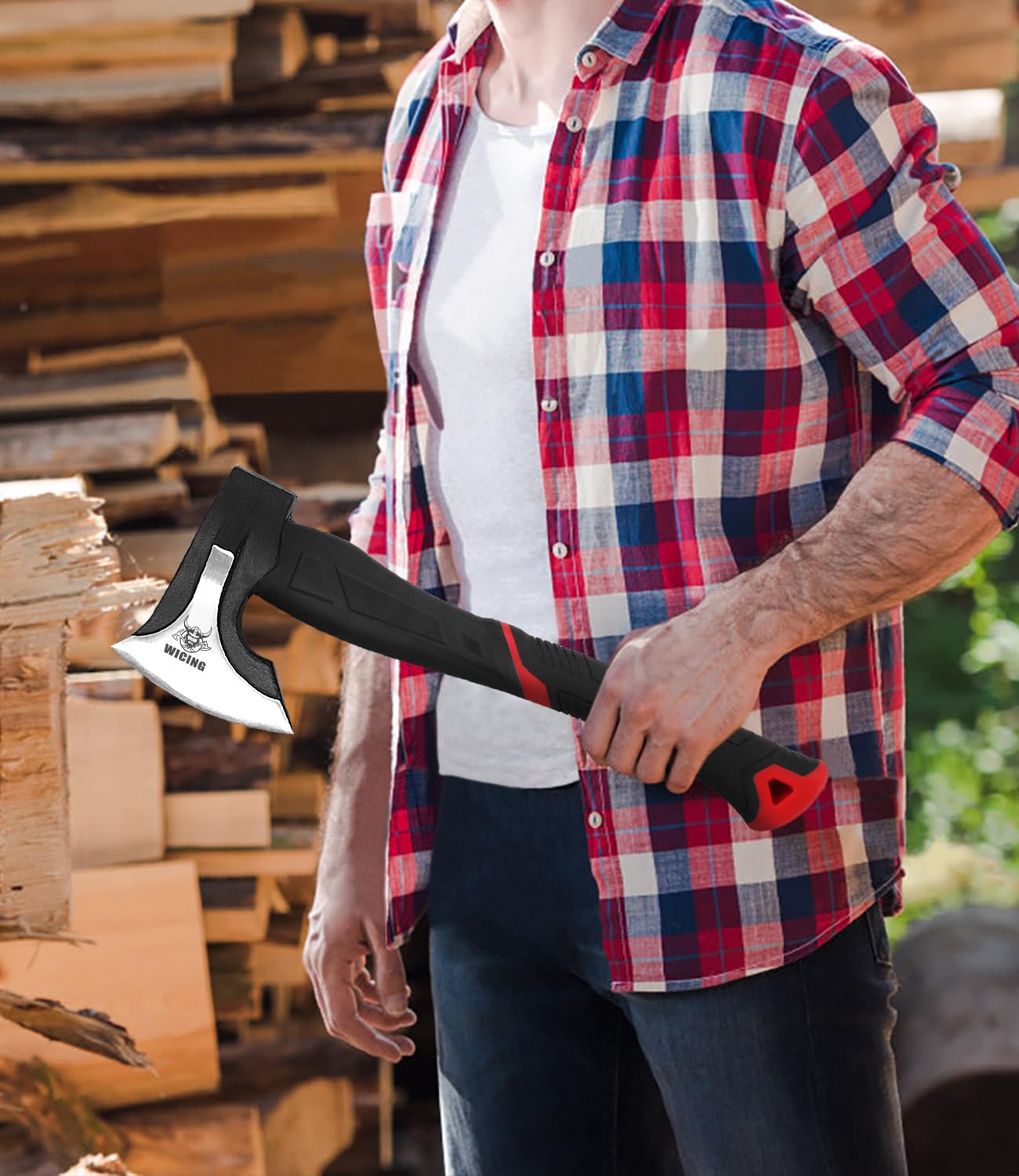 WICING 15 inch Hatchet for Small to Medium Size Kindling, Splitting Axe 1065 High Manganese Steel and Ergonomic Fiberglass Handle, 2.3 pounds