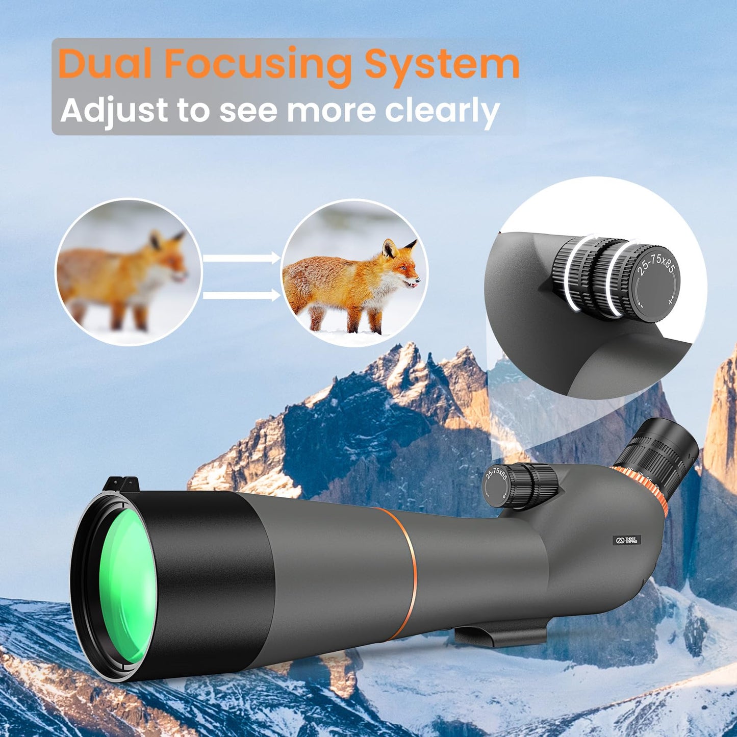 Three Triping Spotting Scope 25-75×85 - Dual Focusing Spotter Scope, with Tripod & Phone Adapter, Ideal for Bird Watching & Wildlife Observing