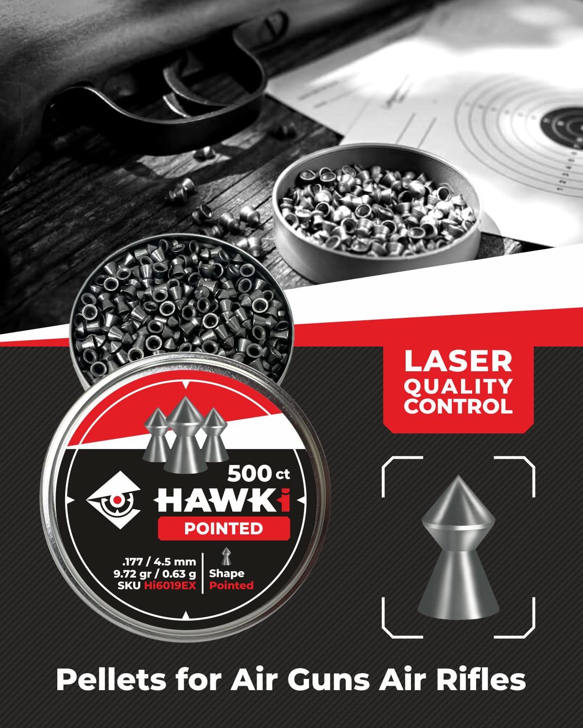 Hawki Airgun Pellets .177cal/4.5mm Caliber (9.72gr/0.63 g) 500 ct Hi6019EX Pointed