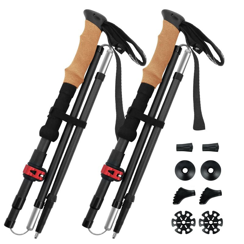 Carbon Fiber Trekking Poles 2-Pack - Lightweight Collapsible Hiking Sticks with Cork Grip & Quick-Lock System, Portable Walking Poles for Travel & Backpacking, Suitable for Men, Women and Seniors