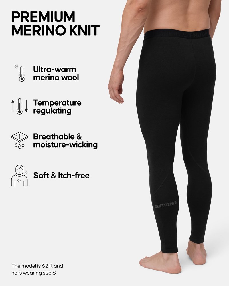 DANISH ENDURANCE Merino Wool Tights for Men for the Extreme Cold, Men's Thermal Leggings for Winter, Black, Large
