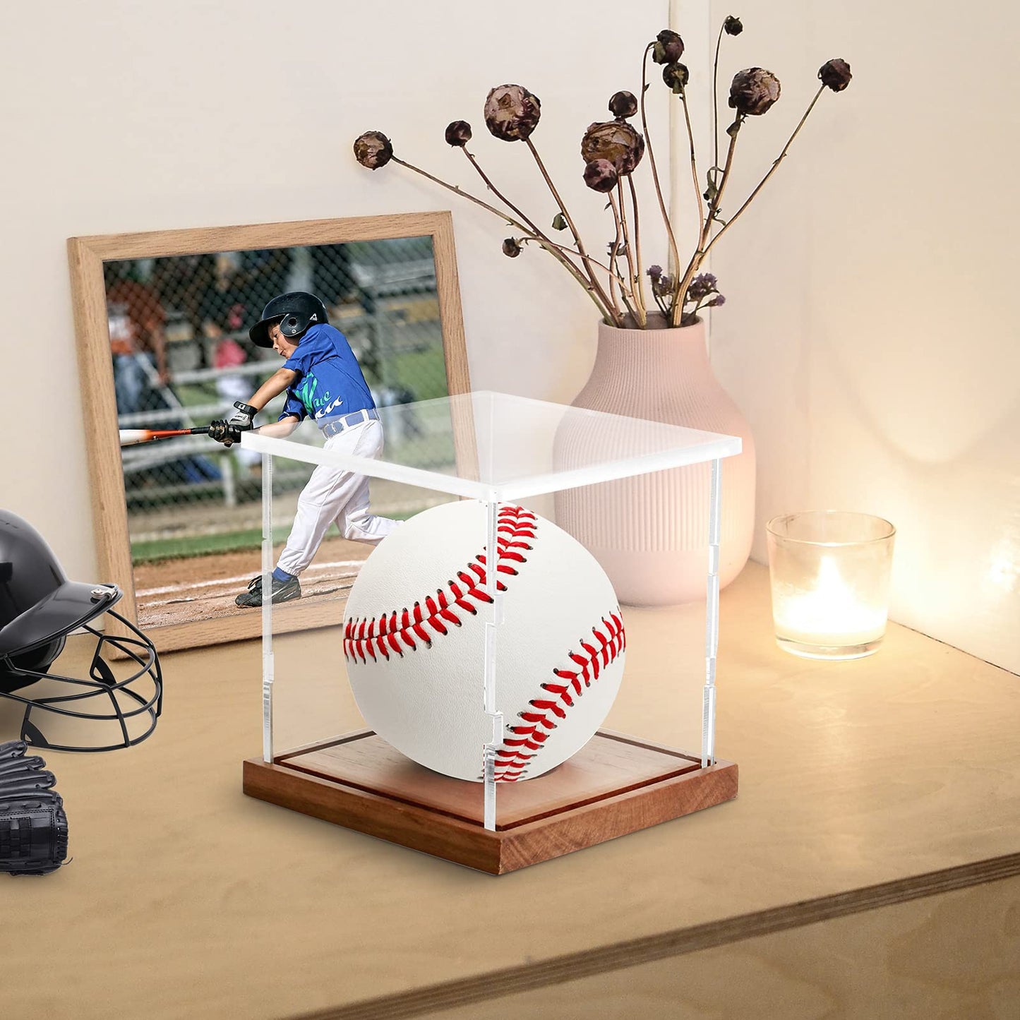 LuxRound 2-Pack Acrylic Softball Display Case with Wooden Base - Clear UV Protective Box for 12" Official Softball, Autographed or Collectible Ball, Dust Proof Tabletop Showcase