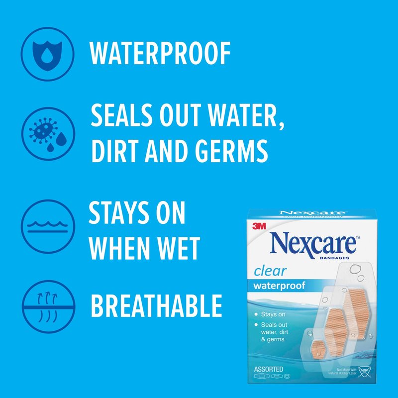Nexcare Waterproof Clear Bandages, Covers and Protects, 360 Degree Seal Around The Pad Offers Exceptional Protection Against Water, Dirt, and Germs, Assorted Sizes, 100 Count