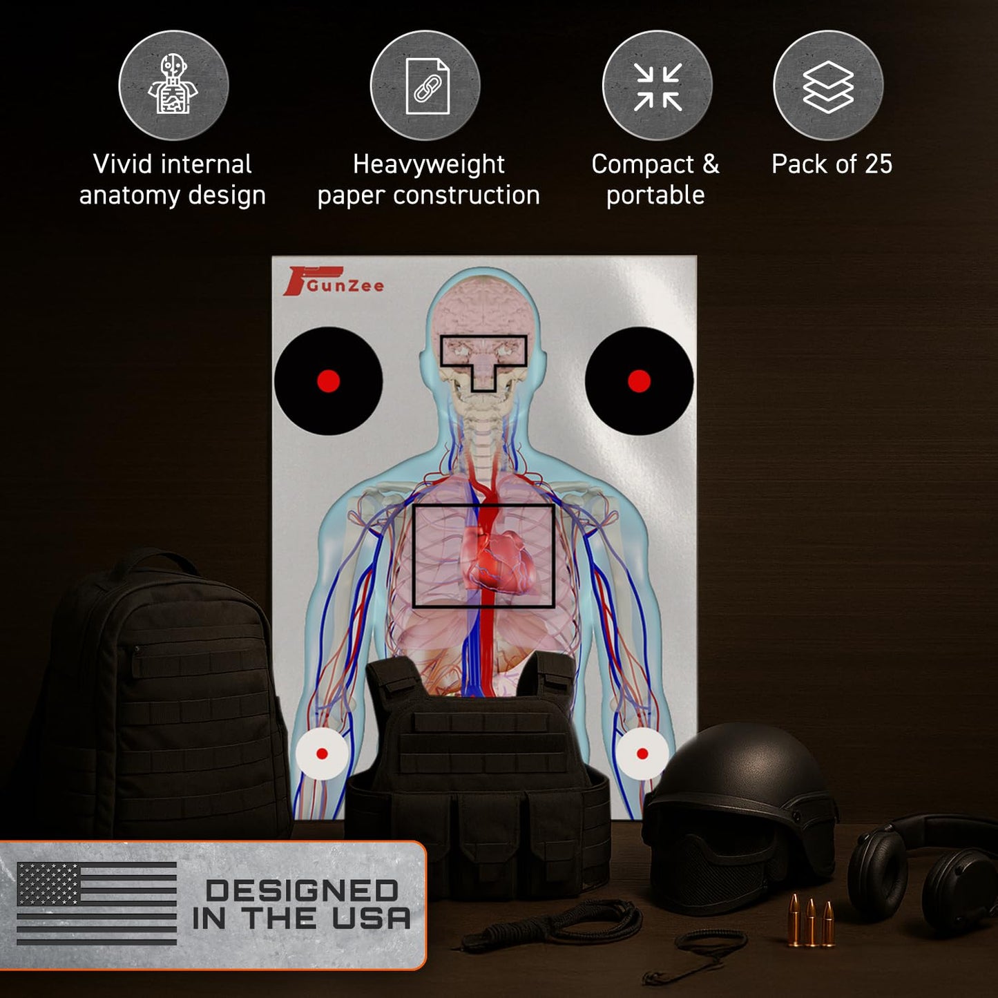 GunZee Anatomical Shooting Targets, 22" x 34" Paper Anatomy Targets for Shooting Range, Ideal for Handgun, Airsoft Pistol, Rifle, BB Gun, Pellet Gun Practice, Tactical & Self-Defense Training, 25-Pack