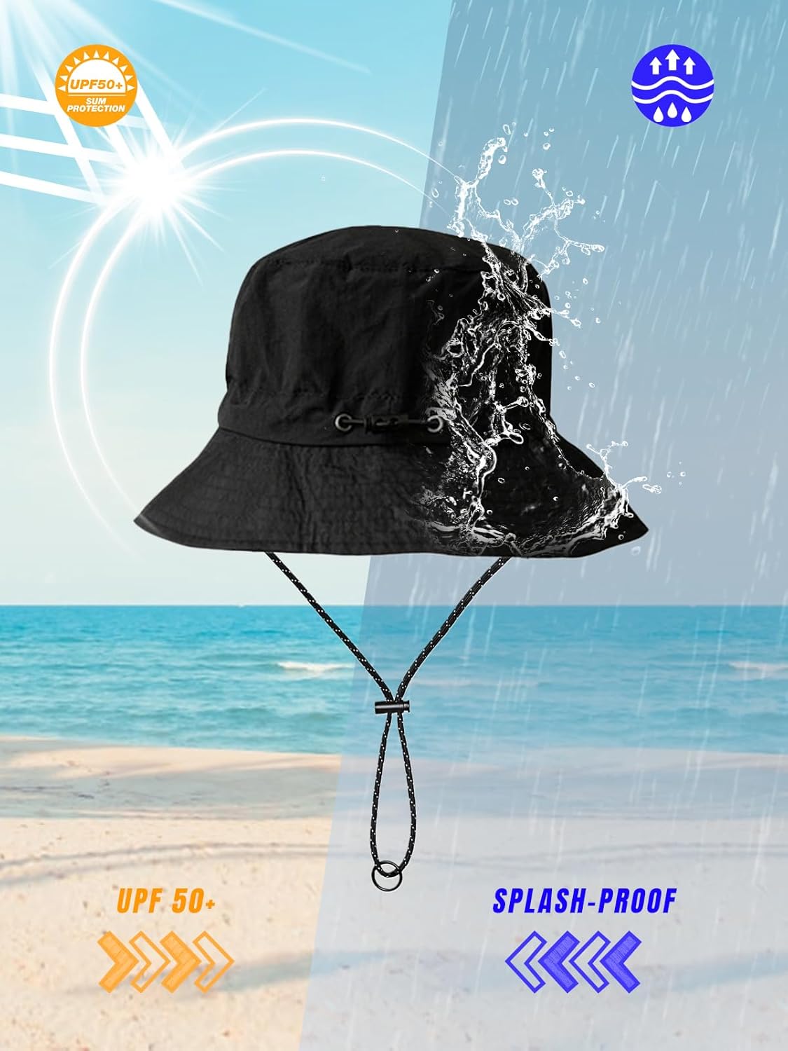 Packable Bucket Hat - Splash-Proof Lightweight Fishing & Hiking Hat | Adjustable Chin Strap