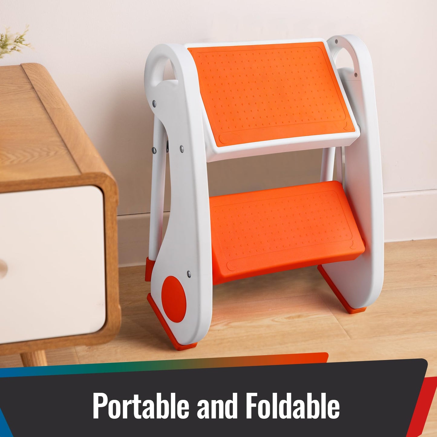 STOODER Toddler Step Stool - Foldable 2-Step Stool with Non-Slip Rubber Feet & Platform, Safety Lock, 300lbs Capacity, Lightweight for Potty Training, Bathroom Sink, Kitchen, Orange