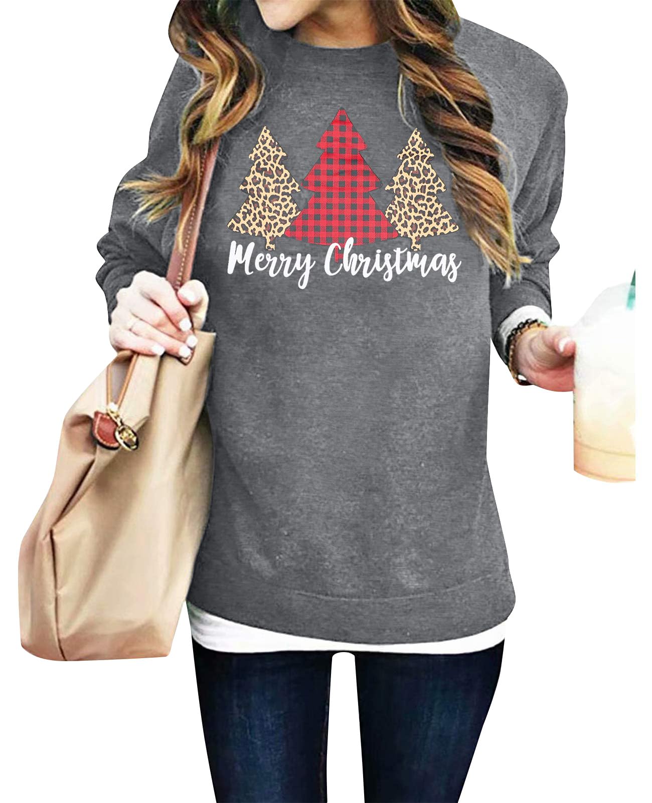 LUKYCILD Christmas Trees Sweatshirt Women Plaid Leopard Graphic Long Sleeve Pulllover Tops