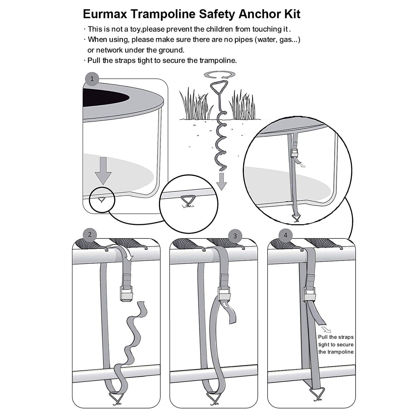 EURMAX USA 4-Pack Windproof Trampoline Stakes Anchor Kit-Steel Corkscrew Anchor,Heavy Duty Tie Down Kit with T-Hook&Reinforced Safety Straps,Secure Weatherproof Protection for Trampoline,Tent&Playset