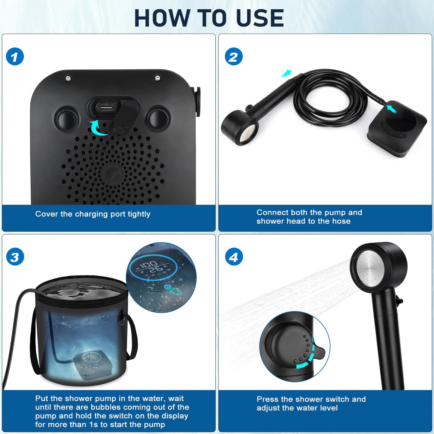 Portable Shower for Camping, [Upgraded] Spopal 8000mAh Rechargeable Camping Shower with 5 Adjustable Speeds, 4 Spray Modes with Collapsible Bucket with Handle 20L for Hiking, Travel, Car, Pet