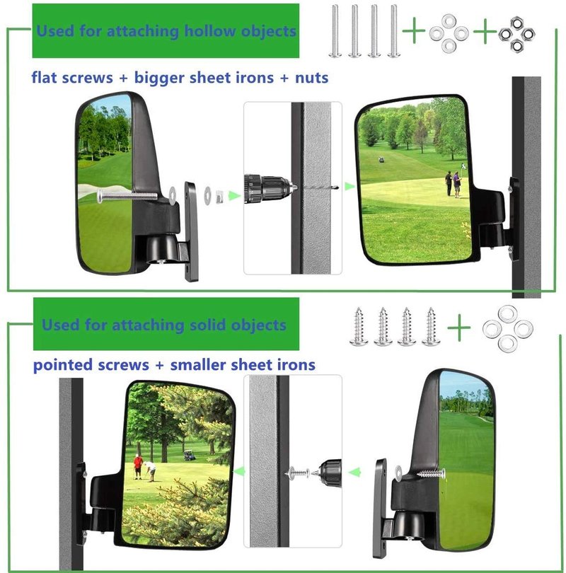 HKOO Golf Cart 16.5" Wide Folding Side & Rear Panoramic Mirrors - Fits Club Car, EZGO, Yamaha Combo Pack