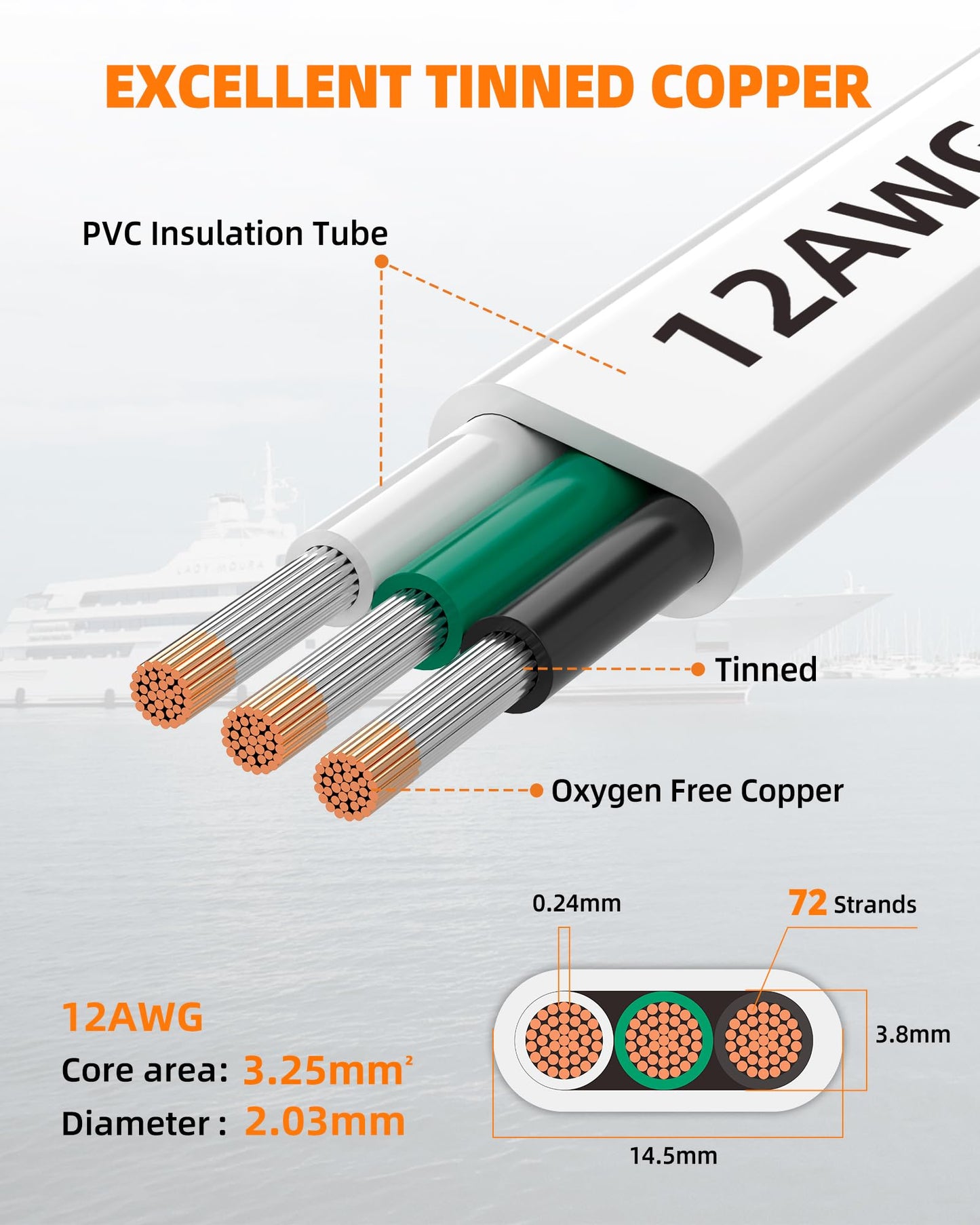 CONEPY 12 Gauge Marine Wire, 12/3 Triplex Marine Grade Cable, IP68 Waterproof/Oxygen-Free Tinned Copper Stranded PVC 12 AWG Wire for Boat, Automotive, RV, Solar, LED Strips (50FT)
