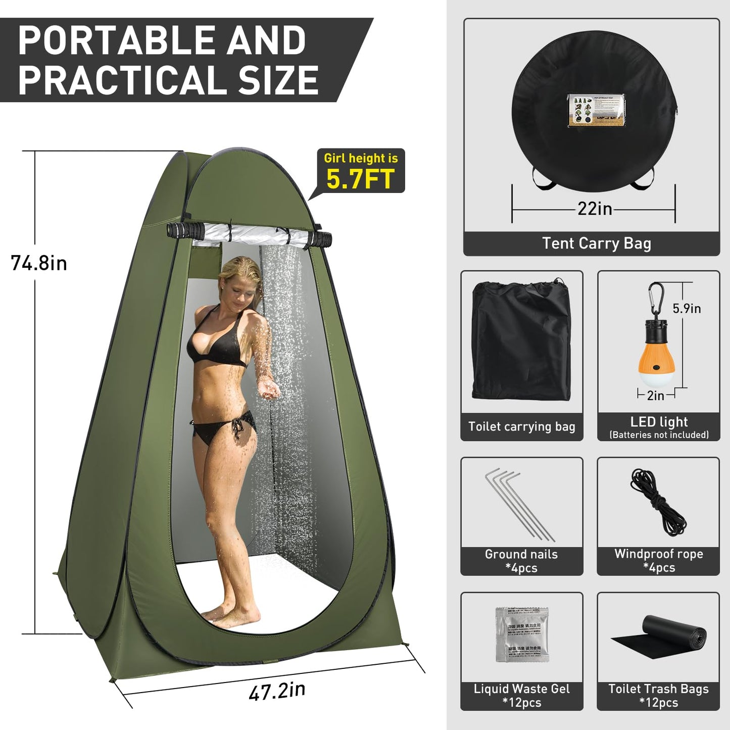 Thallike Portable Camping Toilet with Pop-Up Privacy Tent, 12-inch Toilet Seat, Outdoor Portable Folding Toilet Potty for Adults Load Capacity of 400 Lbs, LED-Light Camping Bathroom (Army Green)