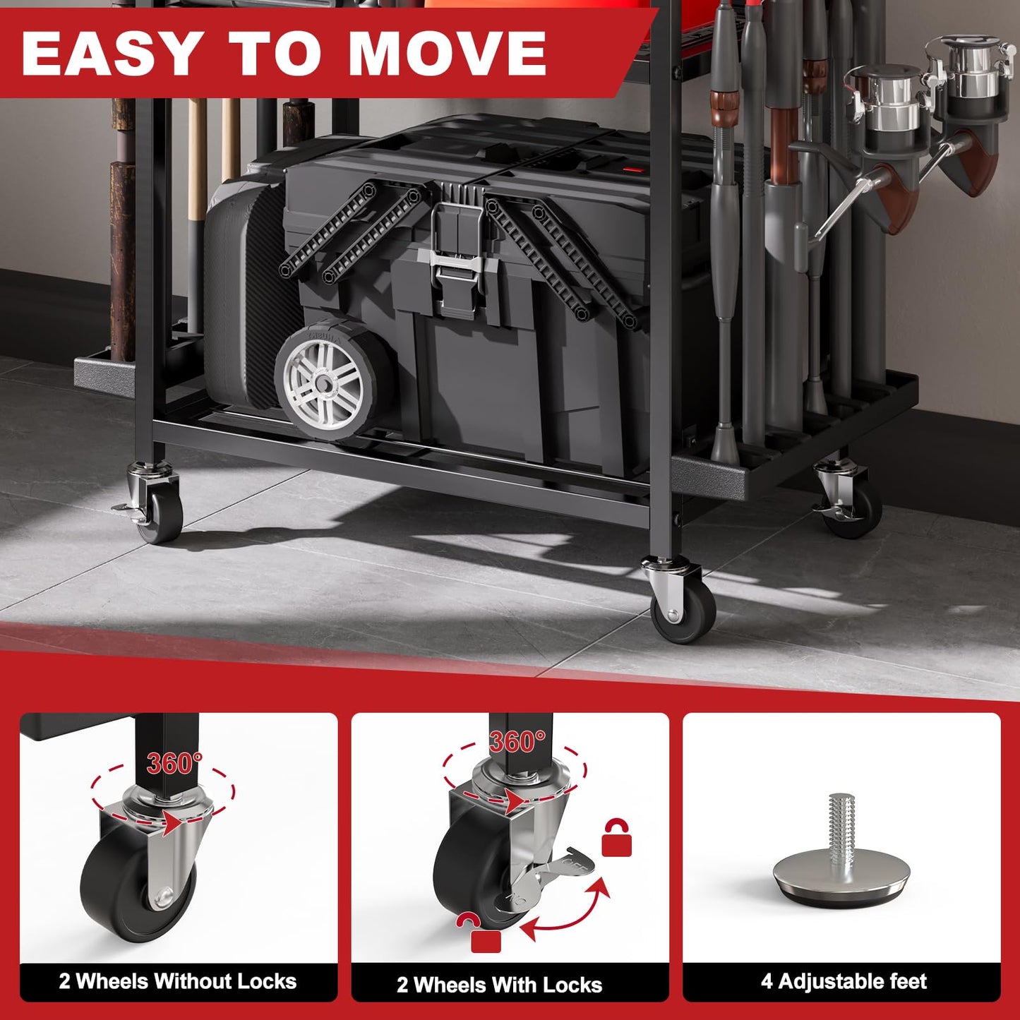 SEEAHEAD Fishing Rod Holders for Garage, 12-Rod Rolling Tackle Cart, Black