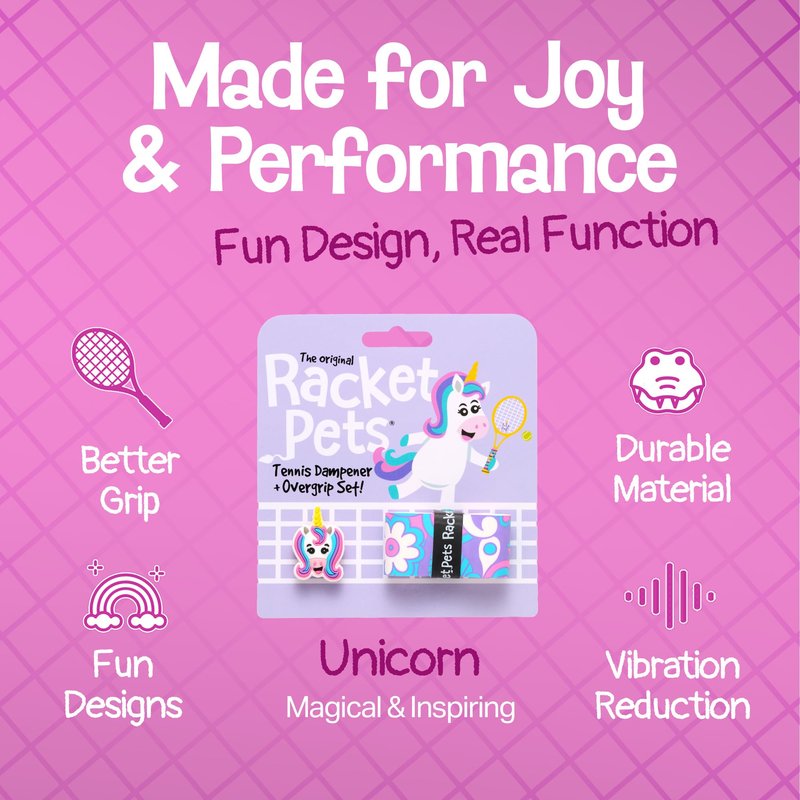 Racket Pets Kids Tennis Racket Dampener & Matching Overgrip Tape, Performance Shock Absorbing Dampener for Tennis Racket & Fun Animal Print Tennis Wrap Grip Tape (Unicorn)