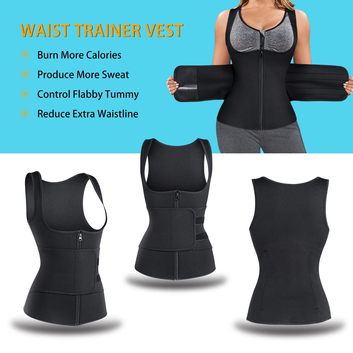 GAODI Women Waist Trainer Vest Slim Corset Neoprene Sauna Tank Top Zipper Workout Body Shaper Shirt (3XL, Black Sauna Vest)