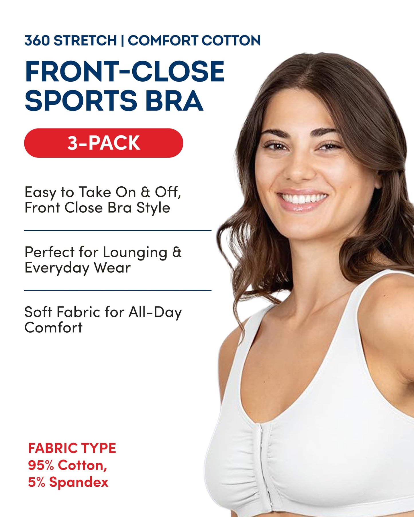 Fruit of the Loom womens Front Closure Cotton Sports Bra, Black/White/Heather Grey 3-pack, 36 US