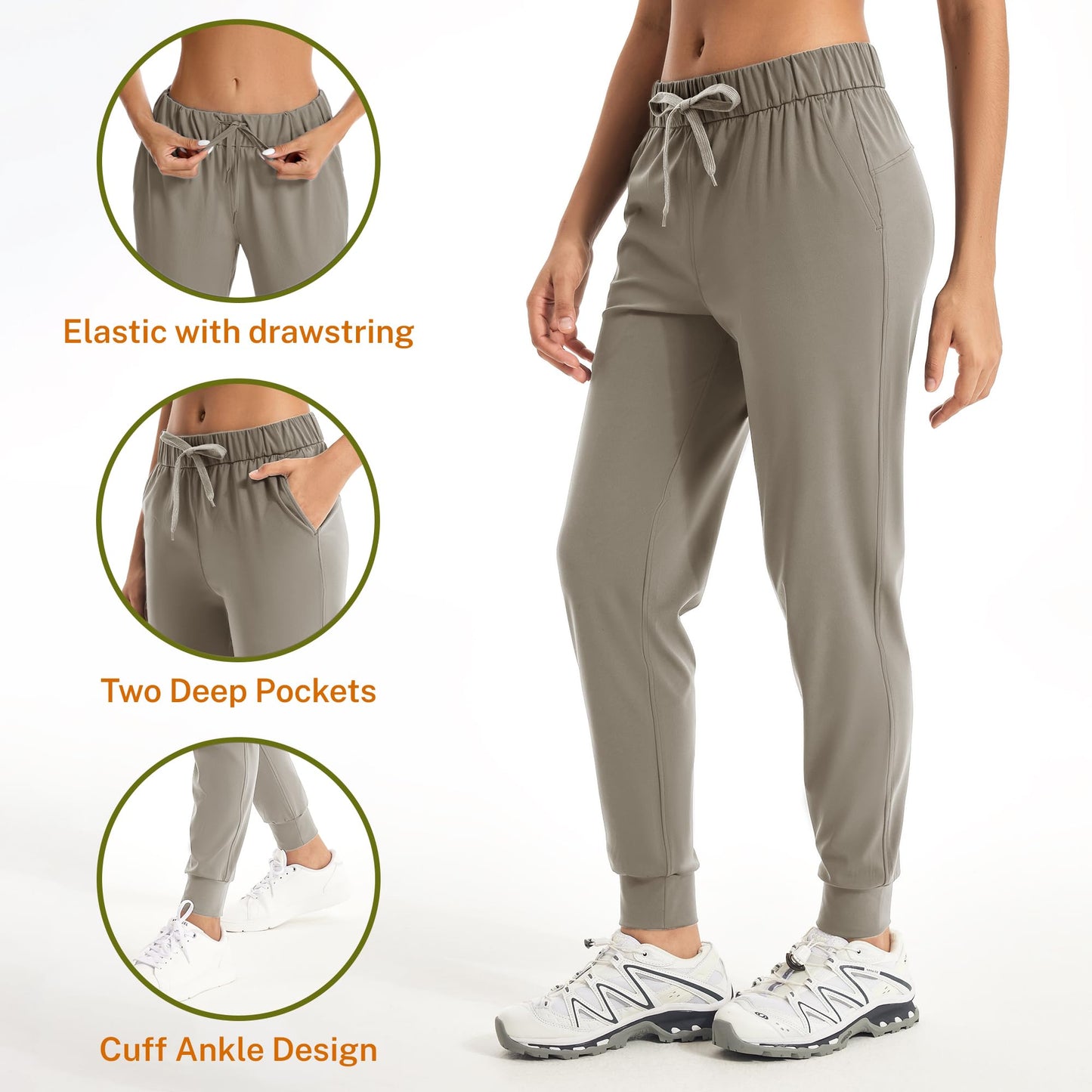 Trryln Women's Joggers Pants with Pockets Drawstring Running Sweatpants Workout Casual Tapered Pants Taupe