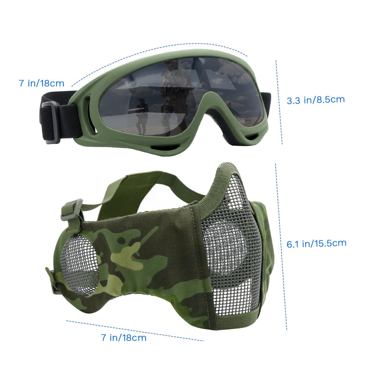 Yzpacc Airsoft Mask with Goggles, Foldable Half Face Airsoft Mesh Mask with Ear Protection for Paintball Shooting Cosplay CS Game