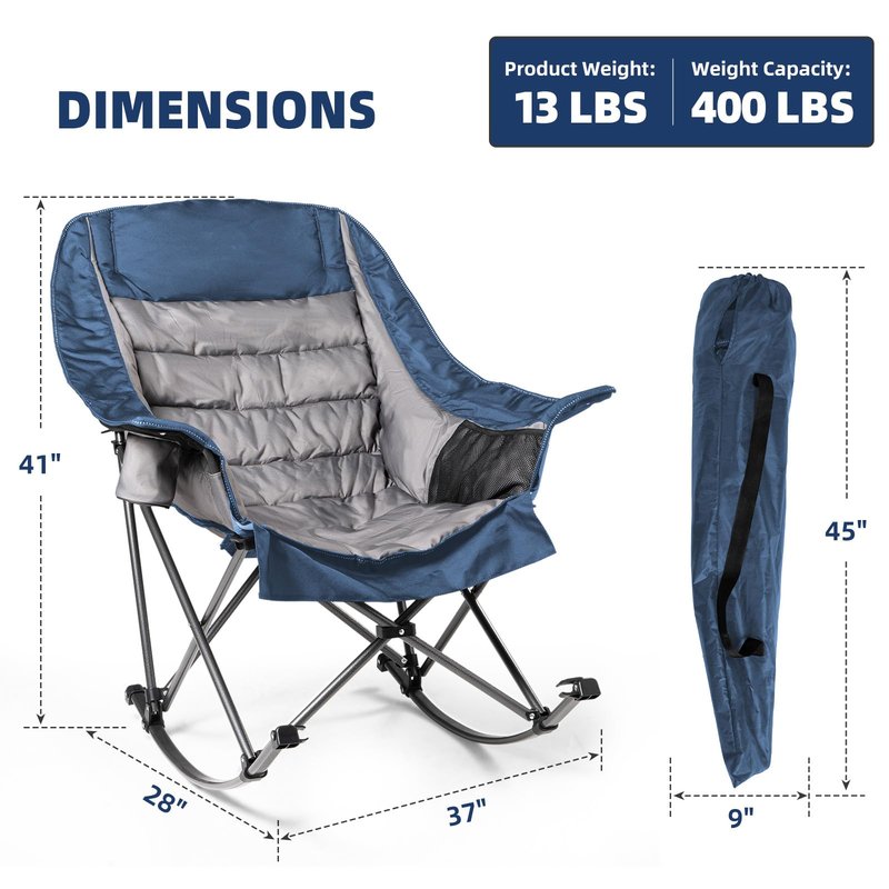 Foristrail Oversized Rocking Camping Chair for Adults - 400lbs Capacity Padded Camp Chair with Cup Holder, Portable Foldable Outdoor Rocker Chair for Camping, Backyard (Blue & Dark Gray, 1 PCS)