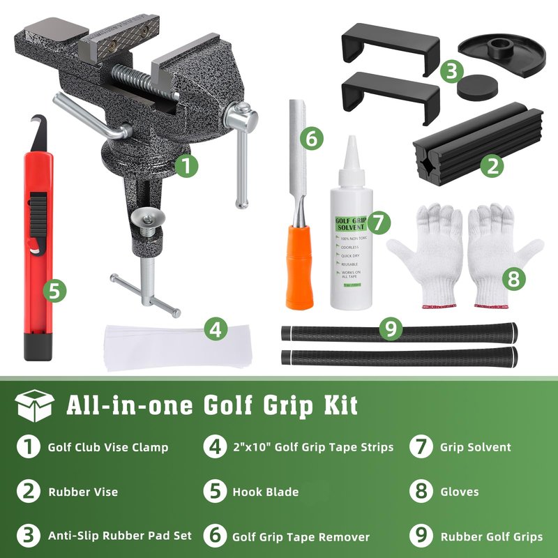 AxPower All-in-One Golf Grip Kit for Regripping Golf Clubs, 360° Swivel Portable Table Vise Rubber Clamp Golf Grip Removal Tool with Golf Grip Replacement Tape and Solvent, Golf Club Regripping Kit