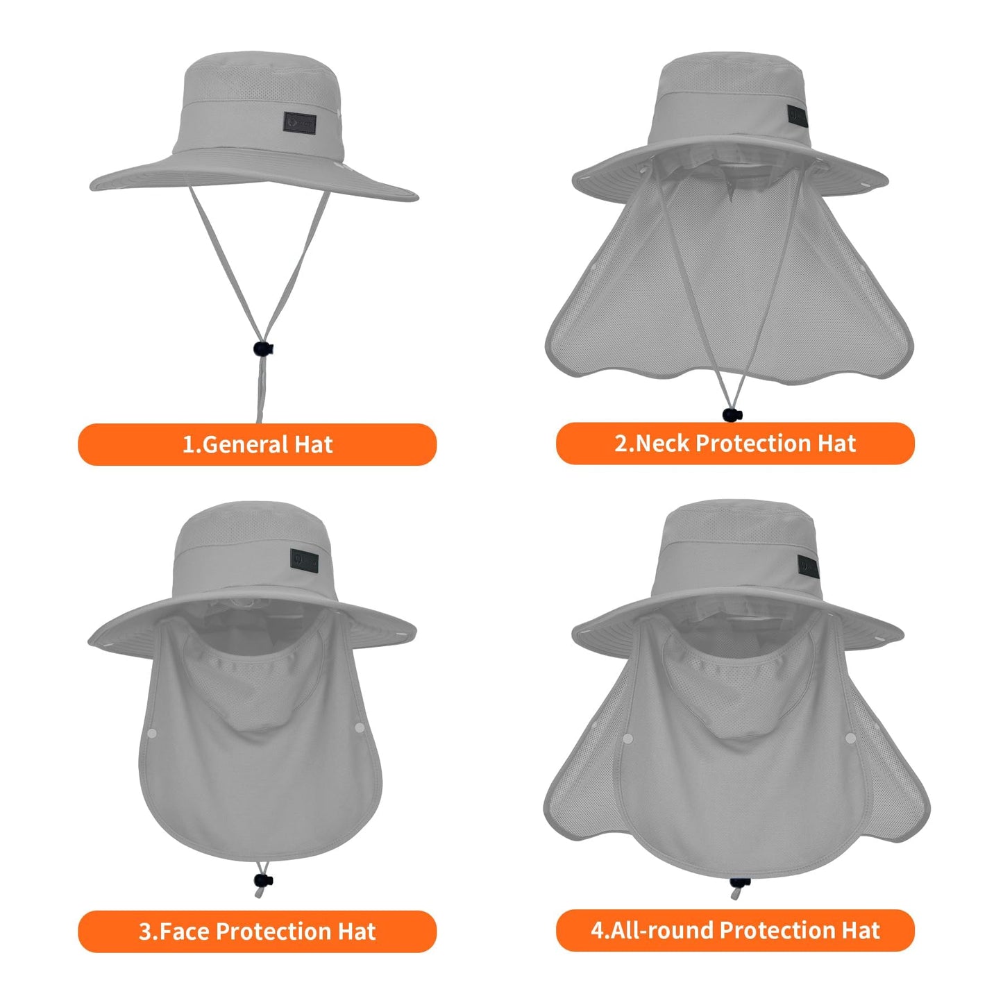 Sukeen Fishing Hat for Men Women, Wide Brim Outdoor UPF 50+ Sun Protection with Detachable Neck Flap and Face Mask (Grey)