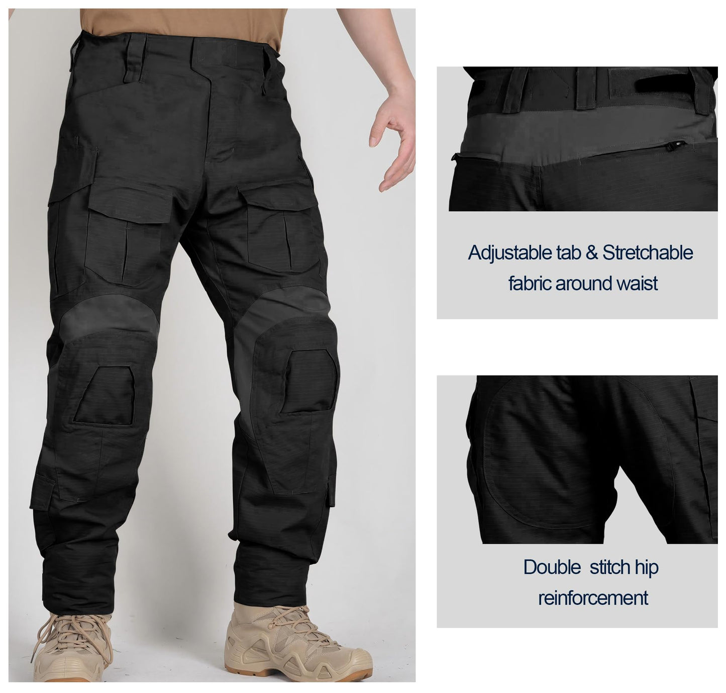 MERJAZ Men’s Tactical Pants with Knee Pads Waterproof G3 Combat Pants Camo Cargo Pants with 10 Pockets No Belt Black 34