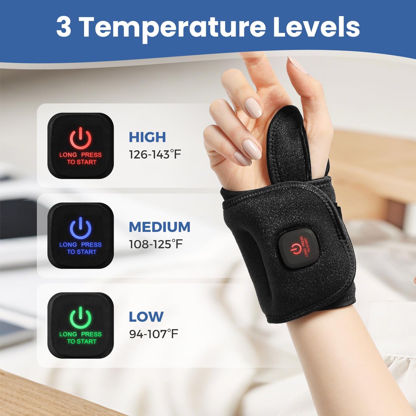 Auccipal Wrist Heating Pad, Heated Wrist Wrap for Arthritis Carpal Tunnel Tenosynovitis Relief, 3 Temperature Levels with 3000 mAh Rechargeable Battery (Black)