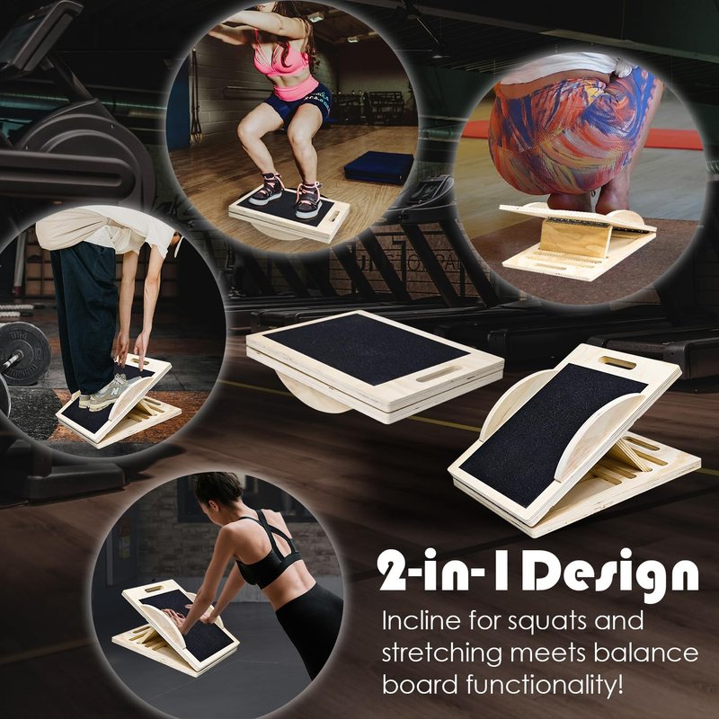 Socpuro Slant Board for Calf Stretching, 2-in-1 Calf Stretcher & Balance Board, Adjustable Wooden Incline Board for Leg Knees Heel Ankle