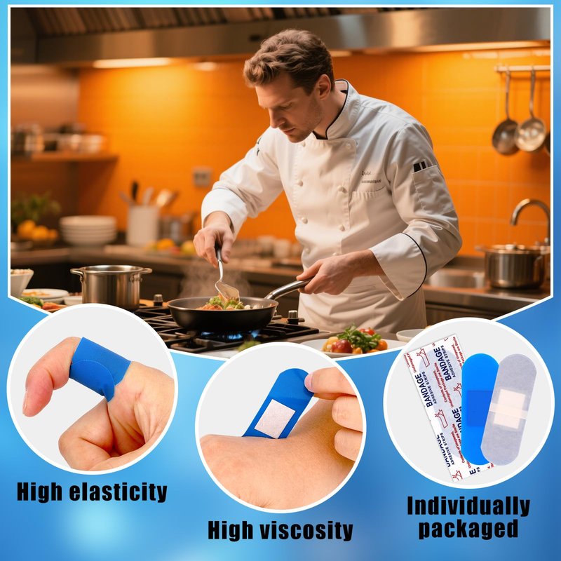 100pcs Multishape Plasters Waterproof Adhesive Bandages, Flexible & Breathable Latex-Free Wound Protection Patches Metal Detectable Adhesive Bandages for Food Service Industry Use