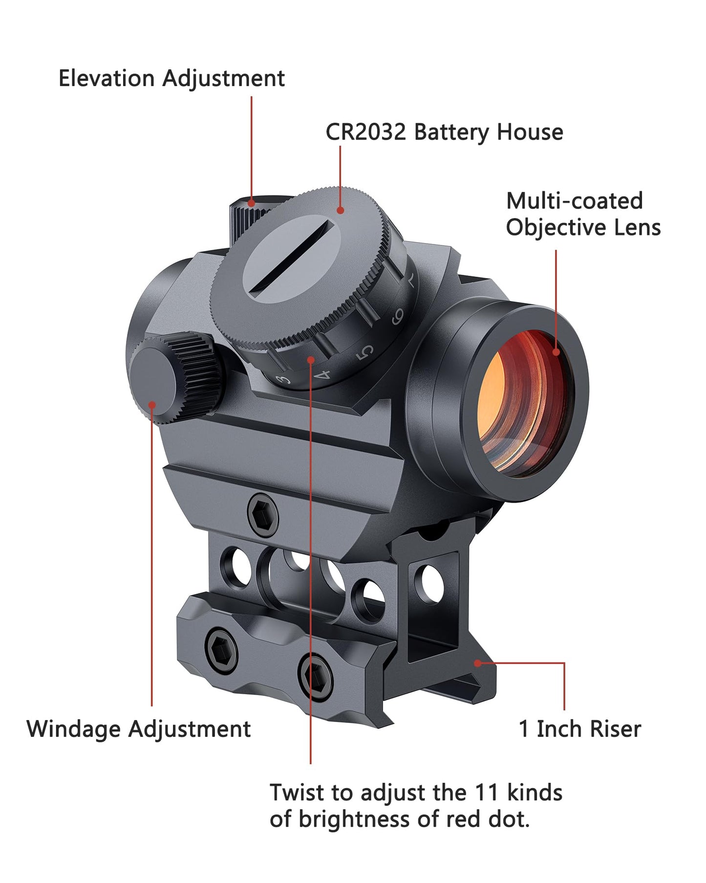 MidTen 2MOA Red Dot Sight 1x25mm Reflex Sight Waterproof & Shockproof & Fog-Proof Red Dot Scope, Riflescope with 1 inch Riser Mount,Grey